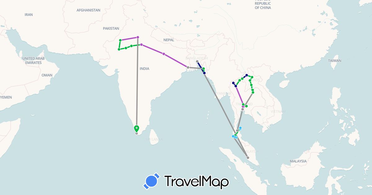 TravelMap itinerary: driving, bus, plane, train, boat in Bangladesh, India, Laos, Malaysia, Thailand (Asia)